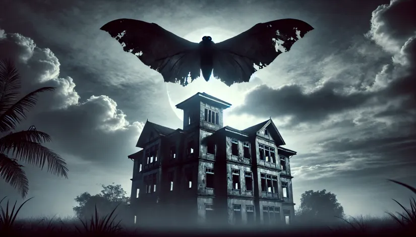 A creepy silhouette of Mothman flying over a decaying abandoned building at night, with large wings outstretched against the dark sky.