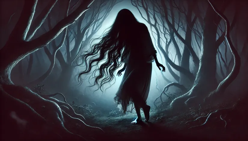 Mysterious woman with long hair and backward feet standing in a dark moonlit forest, evoking La Ciguapa folklore.