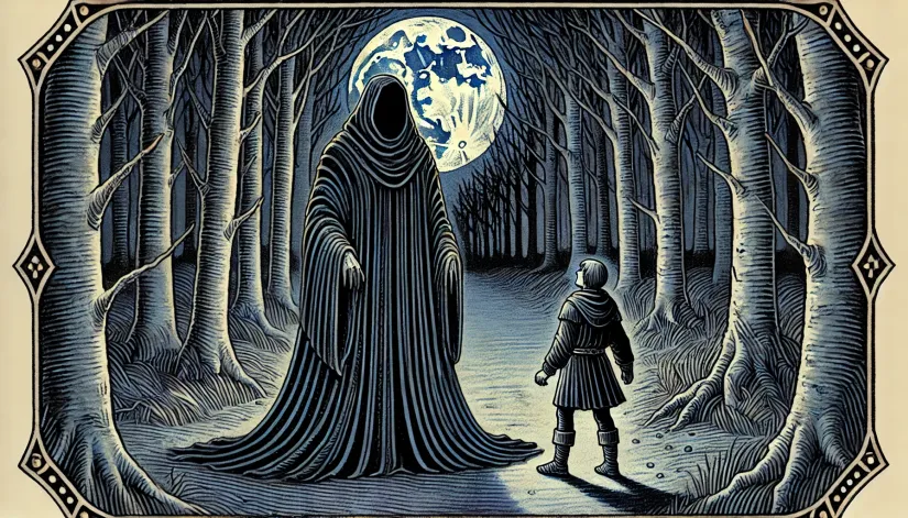 Medieval drawing of a mysterious figure in black standing on a forest path, with young Hans the Werewolf encountering him under the moonlight.