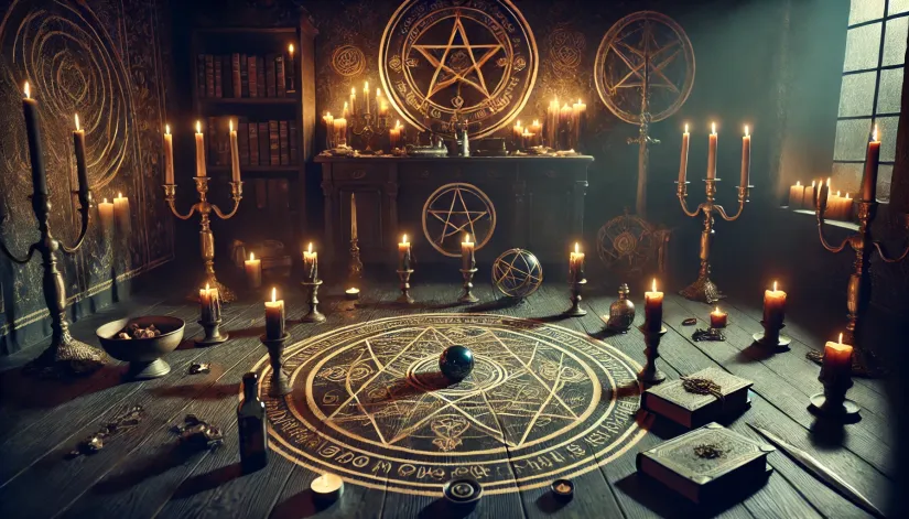 Occult-Ritual-Illustration-with-Candles-and-Symbols A dark room with occult symbols, candles, and ritualistic items used in demon summoning.