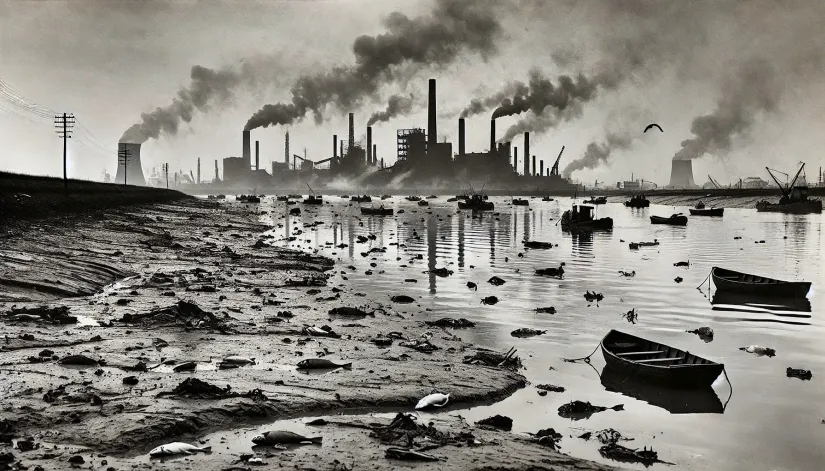 Pollution-Contamination-Thames-Estuary Industrial pollution in the Thames Estuary impacting aquatic life in the 1950s.