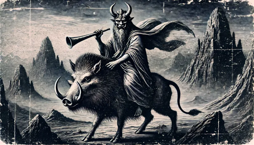 Purson, with a lion’s head, riding a fierce boar in a grainy, black and white depiction.