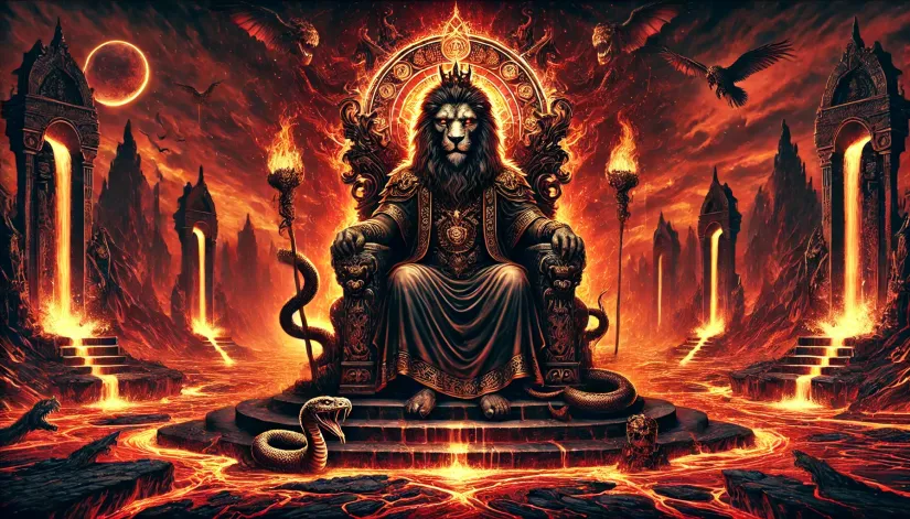 Purson-Demon-King-on-a-Fiery-Throne Purson, demon king with lion's head, seated on a fiery throne in Hell.