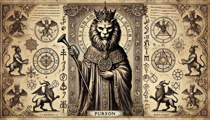 Purson-Old-Book-Illustration-Demon-King Purson, the demon king with lion’s head and royal attire, illustrated in ancient religious text style.