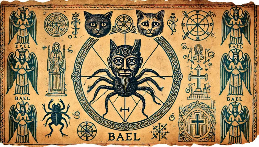 Ritualistic-Symbols-of-Bael-in-Medieval-Text Dark age manuscript-style drawing of Bael with ritualistic symbols and demonic attributes
