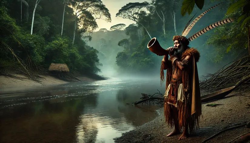 Indigenous shaman performing rituals near a river to ward off the Yacumama.