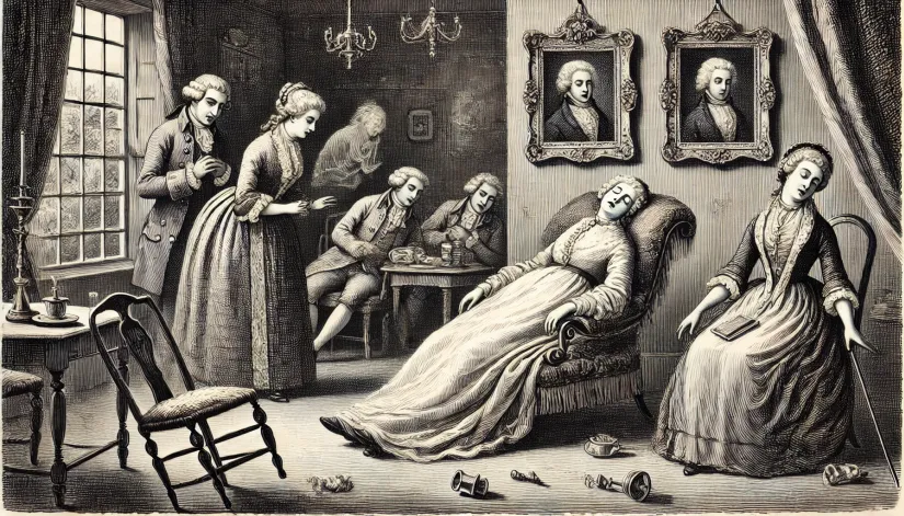 Stockwell ghost: Mrs. Golding fainting in an 18th-century parlor with neighbors around her, objects subtly levitating.