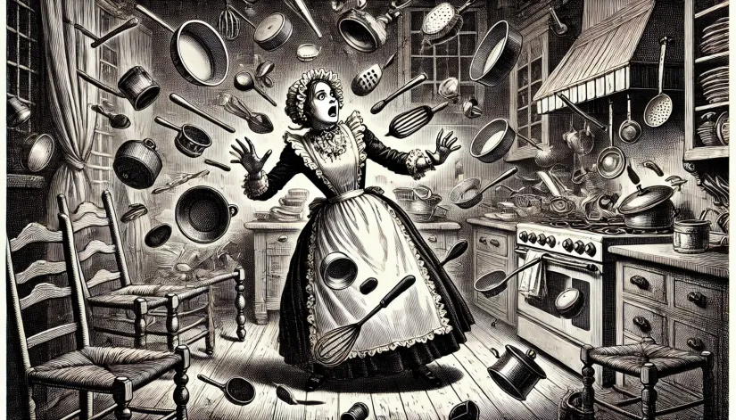 A terrified maid in an 18th-century kitchen with objects flying around in chaos.