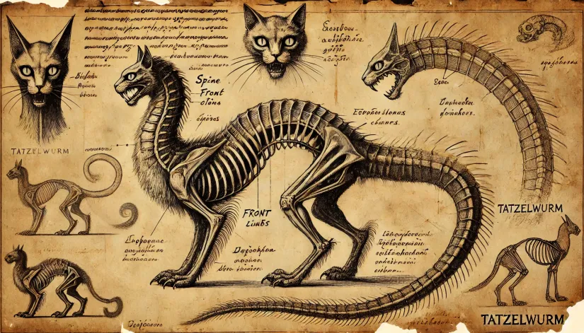 Anatomical drawing of the Tatzelwurm on yellowed parchment, showing its spine, claws, and cat-like head with annotations.