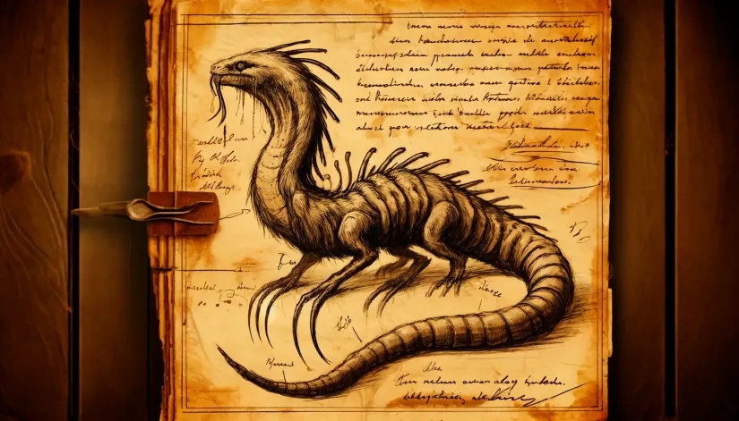 An old journal page featuring a hand-drawn sketch of the Tatzelwurm, showing its snake-like body, claws, and cat-like head.