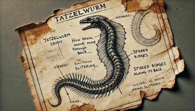 A weathered piece of paper showing an anatomical sketch of the Tatzelwurm’s snake-like body with spiked ridges.