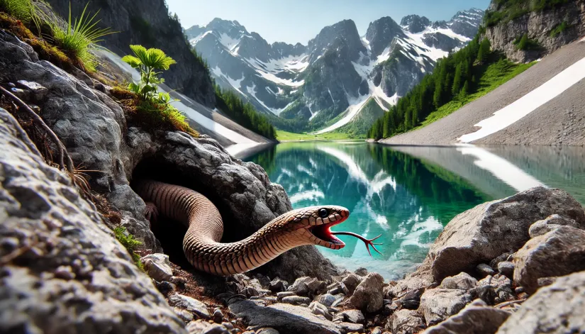 A Tatzelwurm slithering out of a mountain crevice near an Alpine lake, blending with the rocky surroundings.