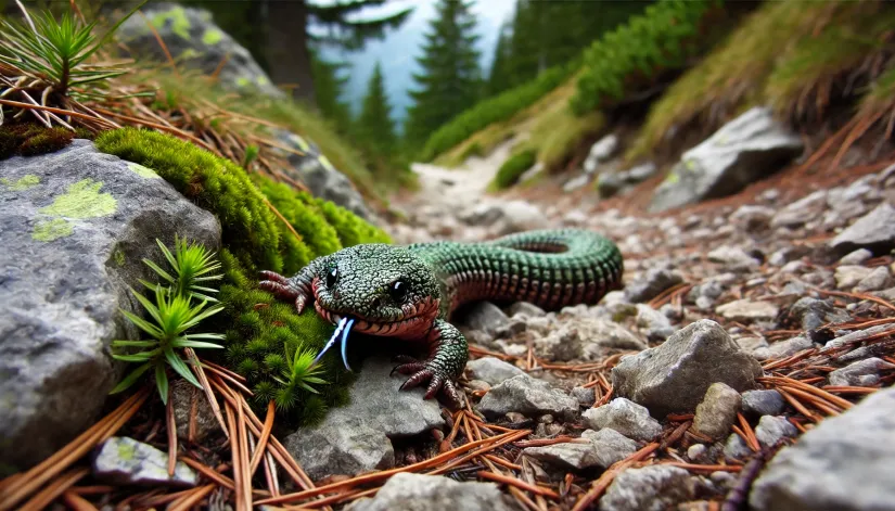 A small Tatzelwurm camouflaged among moss-covered rocks on an Alpine trail, with its body blending into the surroundings.