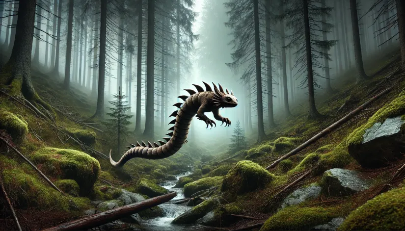 Tatzelwurm leaping through a foggy Alpine forest, with a small, snake-like body and cat-like head.