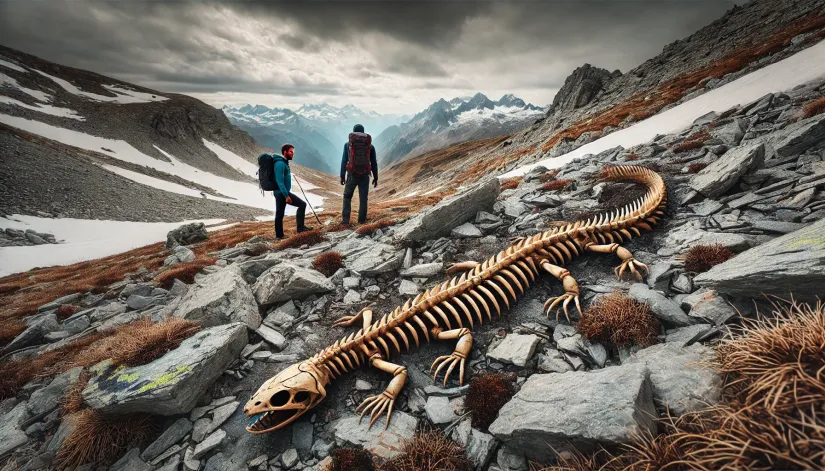 Hikers discovering a small, five-foot-long Tatzelwurm skeleton in the Alps, showing a snake-like body with clawed limbs.