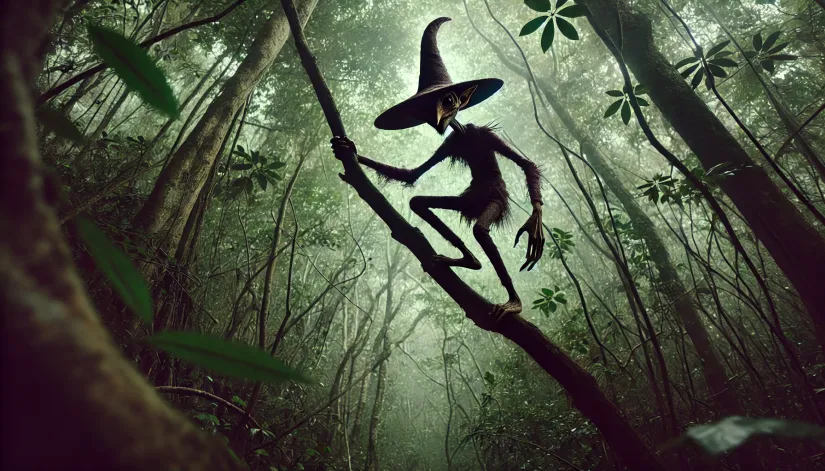 Trickster-Creature-Climbing-Trees Trickster creature with a large pointy hat climbing a tree in the jungle.