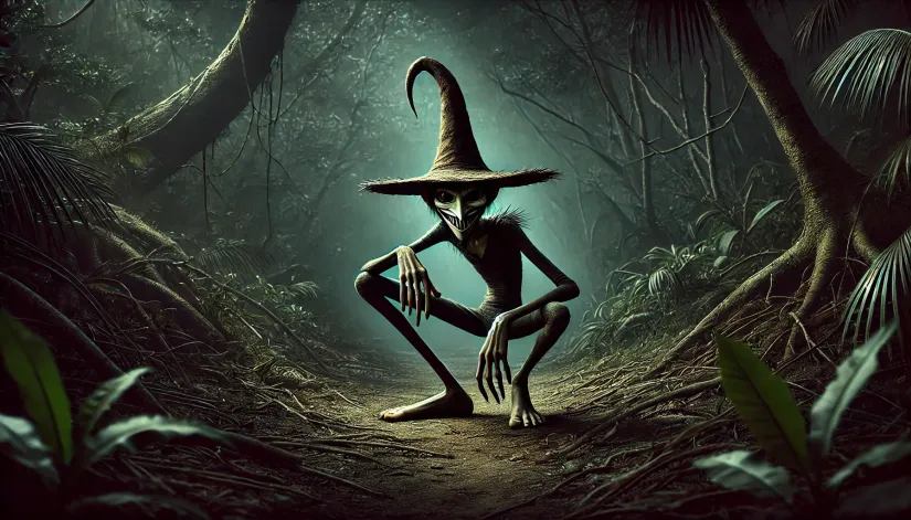 Trickster-Creature-Jungle-Floor Skinny trickster creature crouching on the jungle floor with an eerie grin.