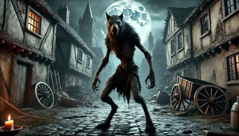 Types of werewolves: A deteriorated Vargulf werewolf in an abandoned village under a stormy sky with the full moon