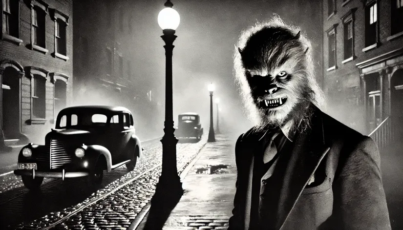 A grainy black-and-white image of a Manwolf partially transformed, standing on a deserted 1940s street at night