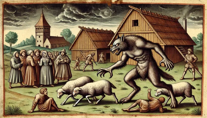 Medieval drawing of a werewolf attacking livestock in a 17th-century village, with fearful villagers and a dark stormy sky.