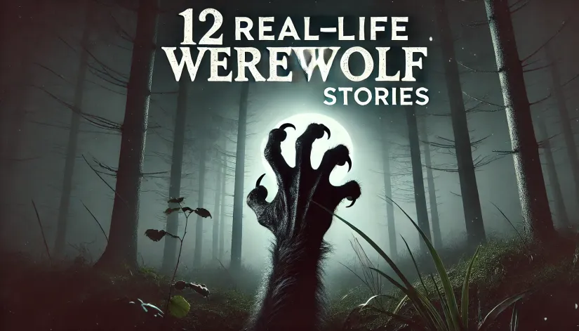 A dark, ominous image of a werewolf's claw reaching through dense fog in a forest with the text "12 Real-Life Werewolf Stories."