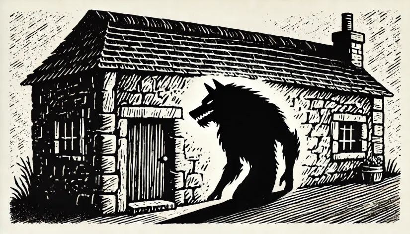 Dark medieval sketch of a werewolf’s shadow cast against the stone wall of a village home, with sharp, jagged features.