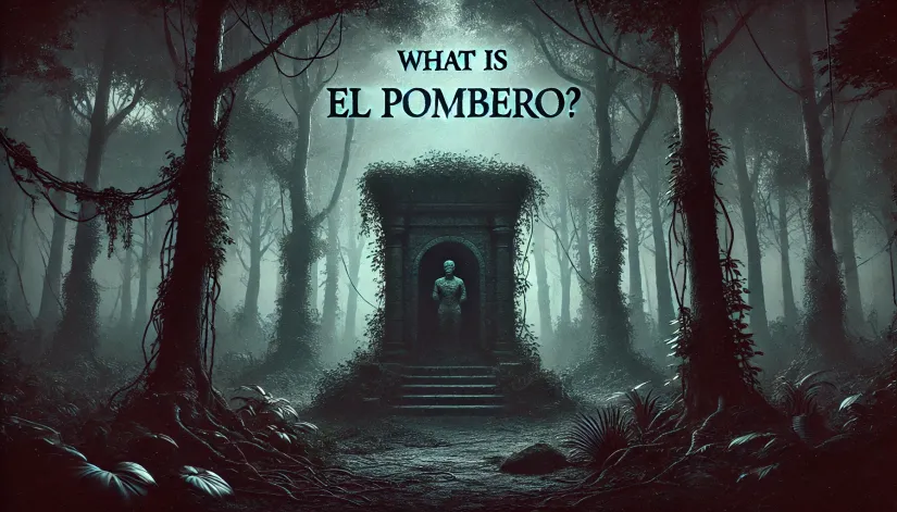 Twilight forest scene with a hidden stone statue and central text "What is El Pombero?"