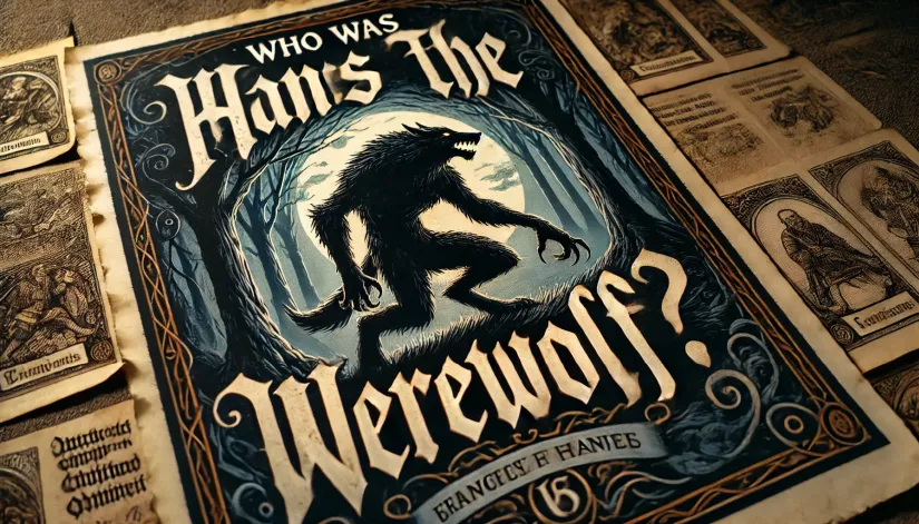 Medieval-style drawing of a werewolf in a dark forest with the text 'Who Was Hans the Werewolf?' displayed at the top.