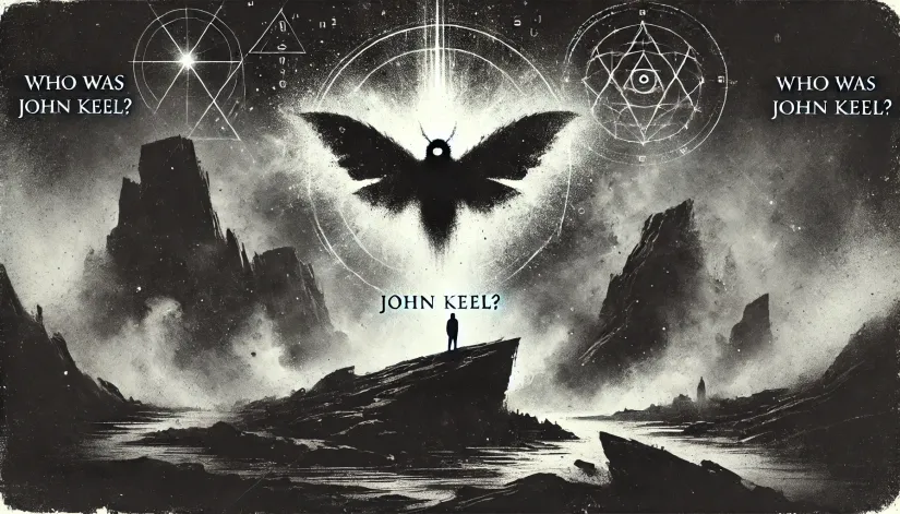 Black and white abstract image of a desolate landscape with cryptic symbols and the text "Who Was John Keel?" in large bold letters.