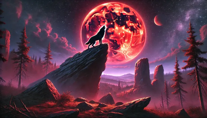 A wolf howling atop a rocky formation under a blood moon, casting a red glow over the barren landscape