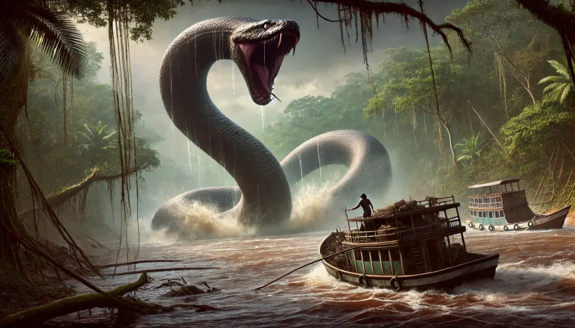Giant Yacumama cryptid attacking a boat in the Amazon River.