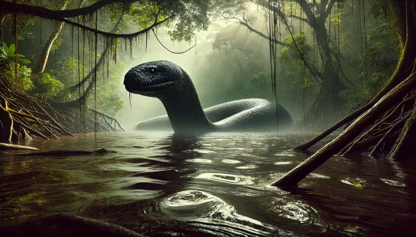Giant Yacumama serpent slithering through the waters of the Amazon River Basin.