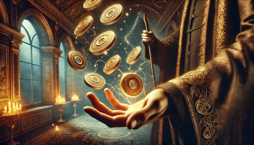 Zagan-Gold-Transformation-Power Zagan’s hand transforming lead into glowing gold coins, symbolizing wealth.