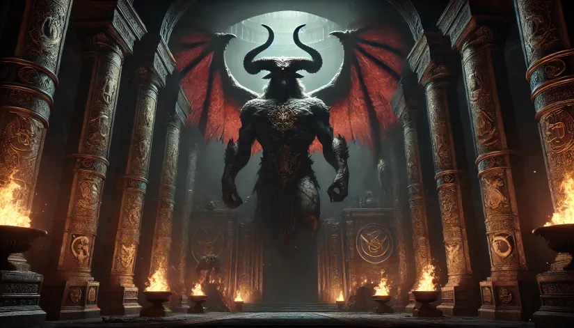 Demon Zagan as a bull-headed figure with griffin wings in a dark, infernal hall.