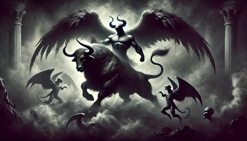 Zagan-Transformation-Power Zagan transforming from a bull with griffin wings to a human in a dark, foggy realm.