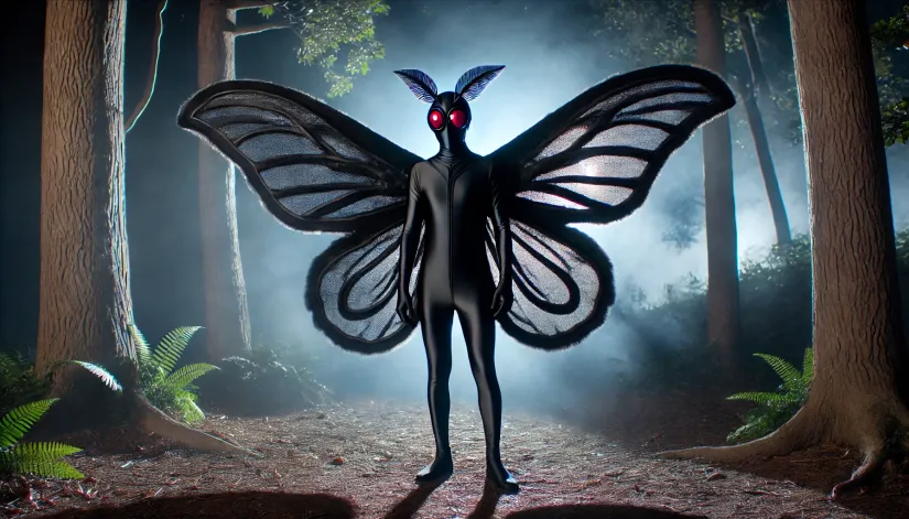 Full-body adult Mothman costume with sleek black wings and glowing red eyes in a foggy nighttime forest.