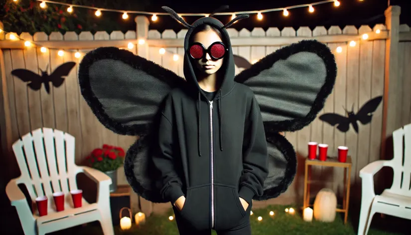 Full-body Mothman costume with black hoodie, DIY cardboard wings, and red-lens glasses for a simple Halloween look.