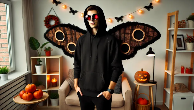 Basic Mothman costume featuring a black hoodie, DIY fabric wings, and red-lensed glasses at a casual indoor Halloween event.