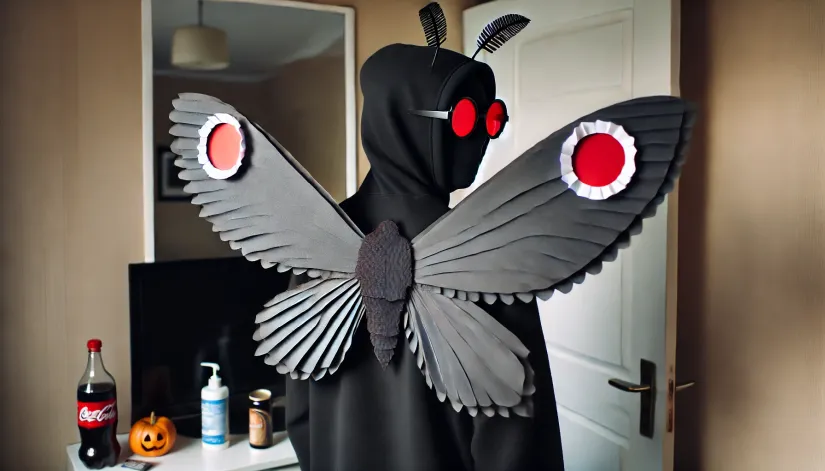 Basic Mothman costume with a black hoodie, paper wings, and red-lensed sunglasses.