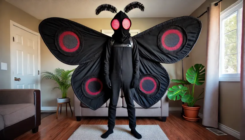 Budget-friendly Mothman costume with DIY fabric wings and glowing red eyes made from affordable materials.