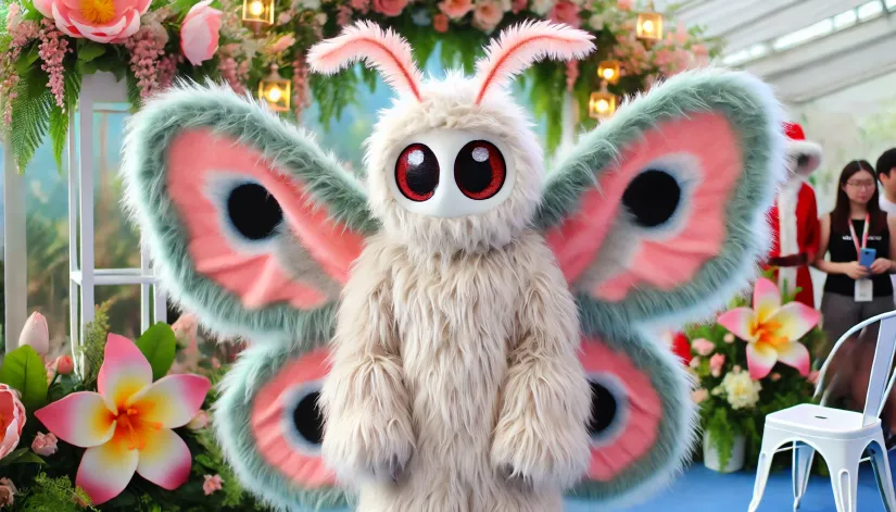 Cute Mothman costume with pastel-colored fluffy wings and cartoonish red eyes.