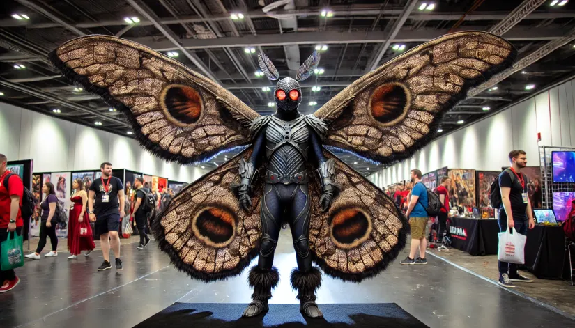 Full-body Mothman cosplay costume with large detailed wings, textured black bodysuit, and glowing red eyes at a cosplay convention.