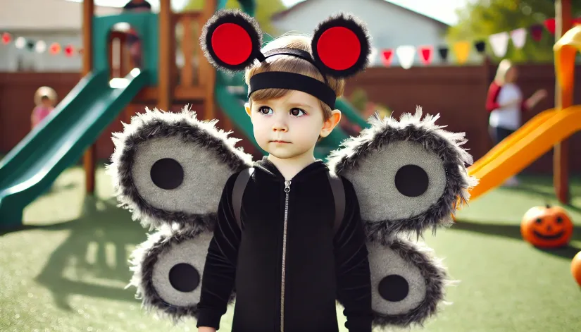 Kids' Mothman costume with lightweight wings and a headband with red felt eyes.