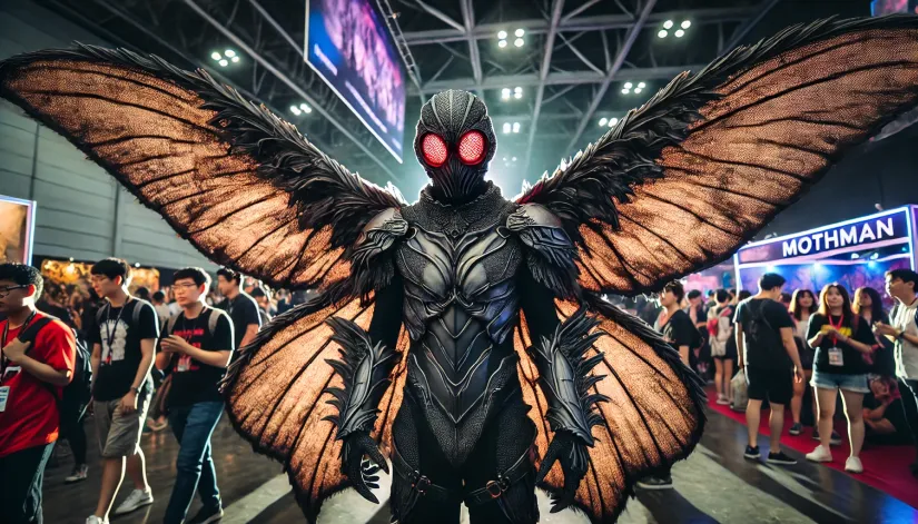 High-quality Mothman cosplay costume featuring custom wings, a black bodysuit, and glowing red eyes at a cosplay convention.