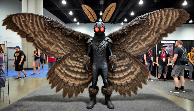 Full-body Mothman cosplay with realistic feathered wings and glowing red eyes at a cosplay convention.