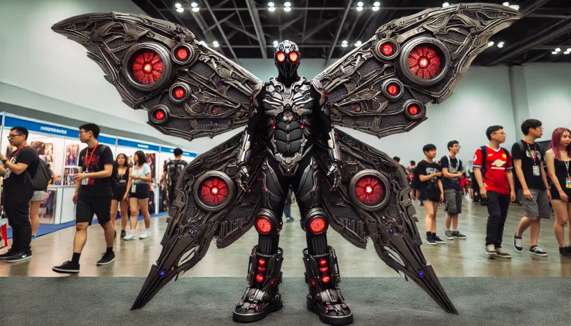 Full-body Mothman cosplay costume with mechanical wings and glowing red eyes at a cosplay event.