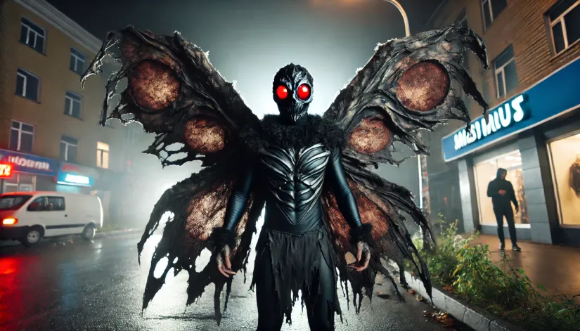 Scary Mothman costume with tattered wings, glowing red eyes, and eerie black makeup in a foggy street.