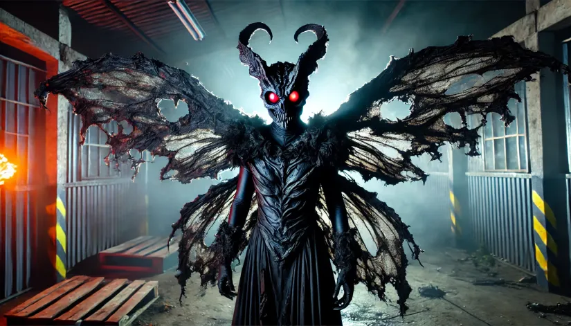 Scary Mothman costume with dark tattered wings, glowing red eyes, and intense makeup.