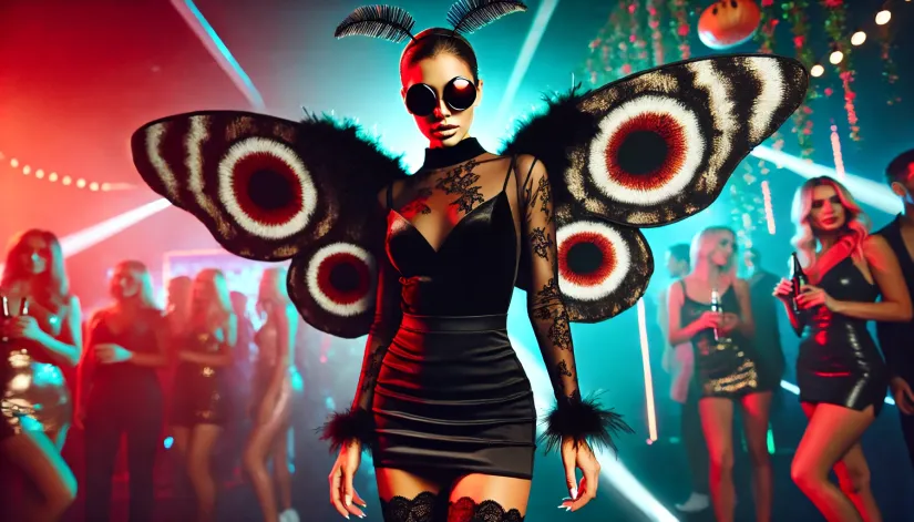 Sexy Mothman costume with form-fitting black dress, lace wings, and glowing red eyes at a Halloween party.