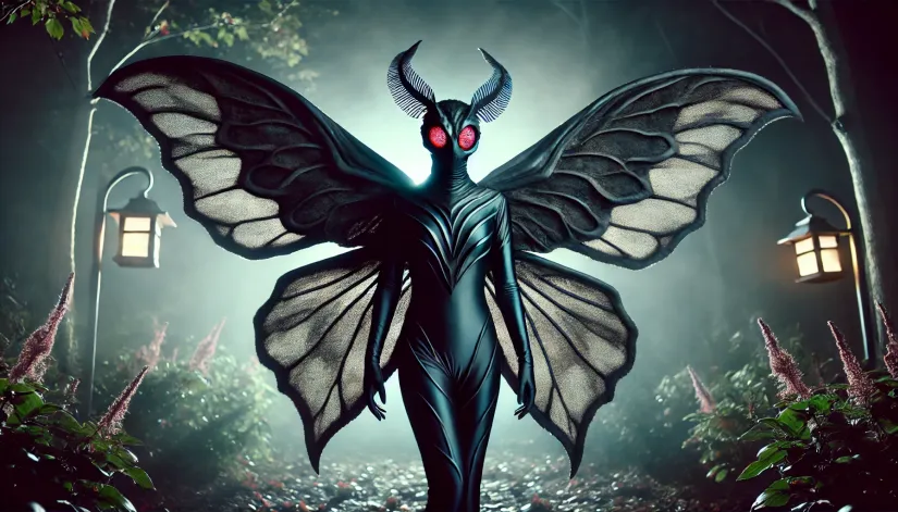 Full-body adult Mothman costume with large wings and glowing red eyes